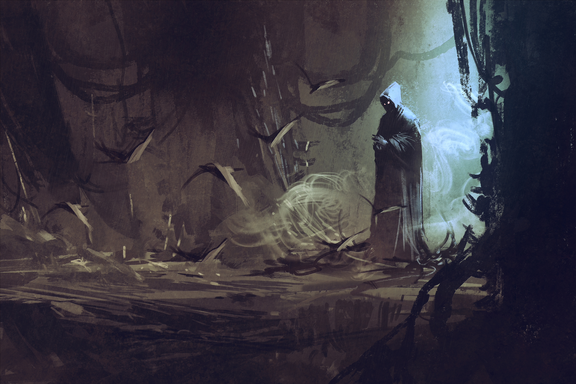 dark cloak in mysterious forest,wizard,sorcerer,illustration